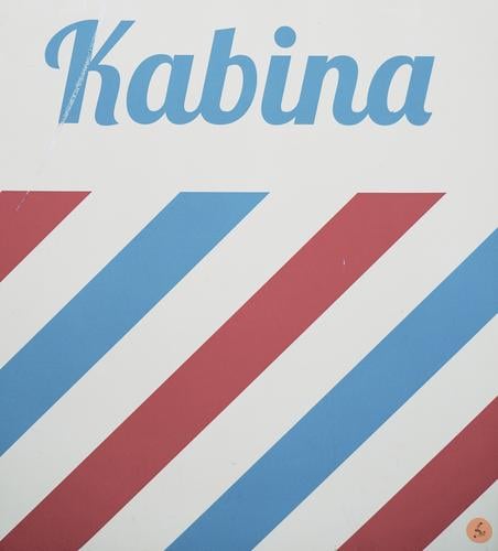 Photo booth Poland cabin Kabina Photos lettering Retro Stripe Simple Colour Eastern Europe Blue Red White Deserted Exterior shot Line Abstract Pattern