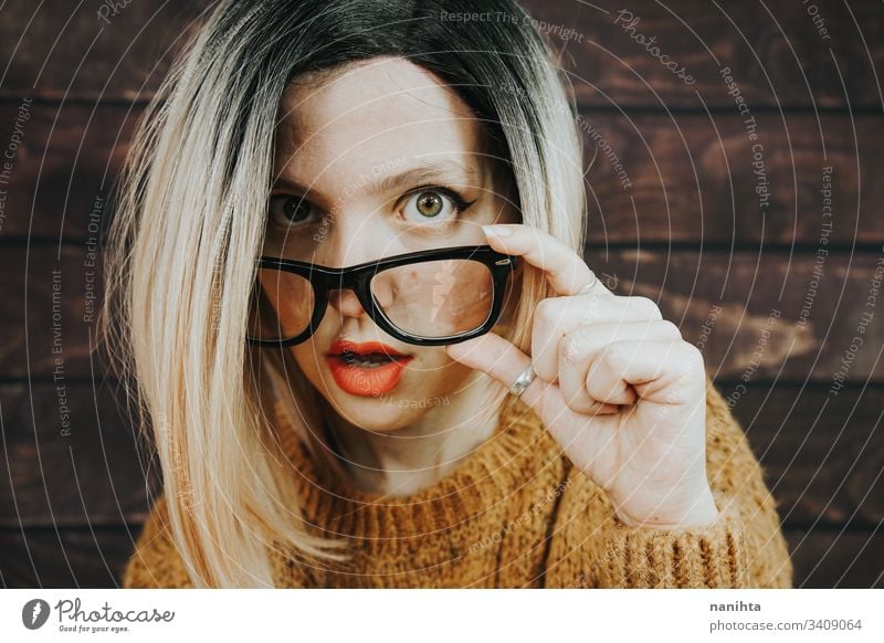 Close portrait of a beautiful nerdy woman - a Royalty Free Stock Photo from  Photocase