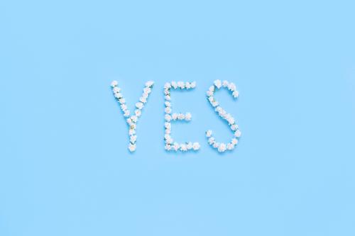 Word YES made of white flowers on a light blue background romantic yes word letters weding pastel gypsophila flat lay top view above concept creative day decor