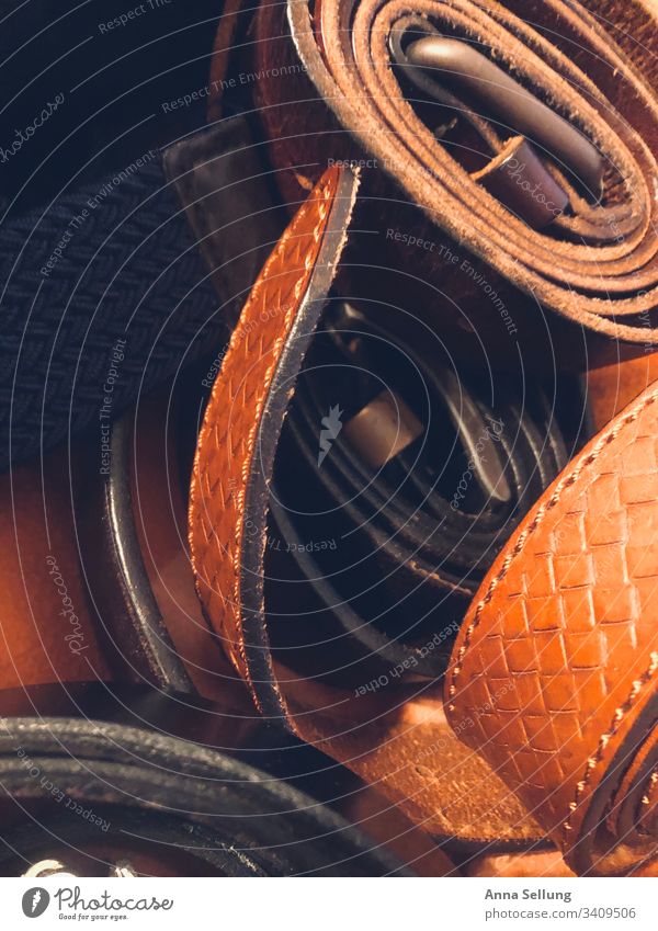 Different belts in brown tones Belt Light Interior shot Life Beautiful Colour photo Style Masculine Fashion Elegant Clothing Accessory Design Deserted
