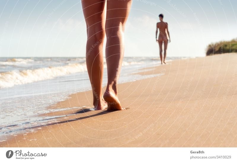 nude young girls walk on the beach in the waves of the surf on a summer day back body body part climate clothes out couple feet female freedom hot idyll