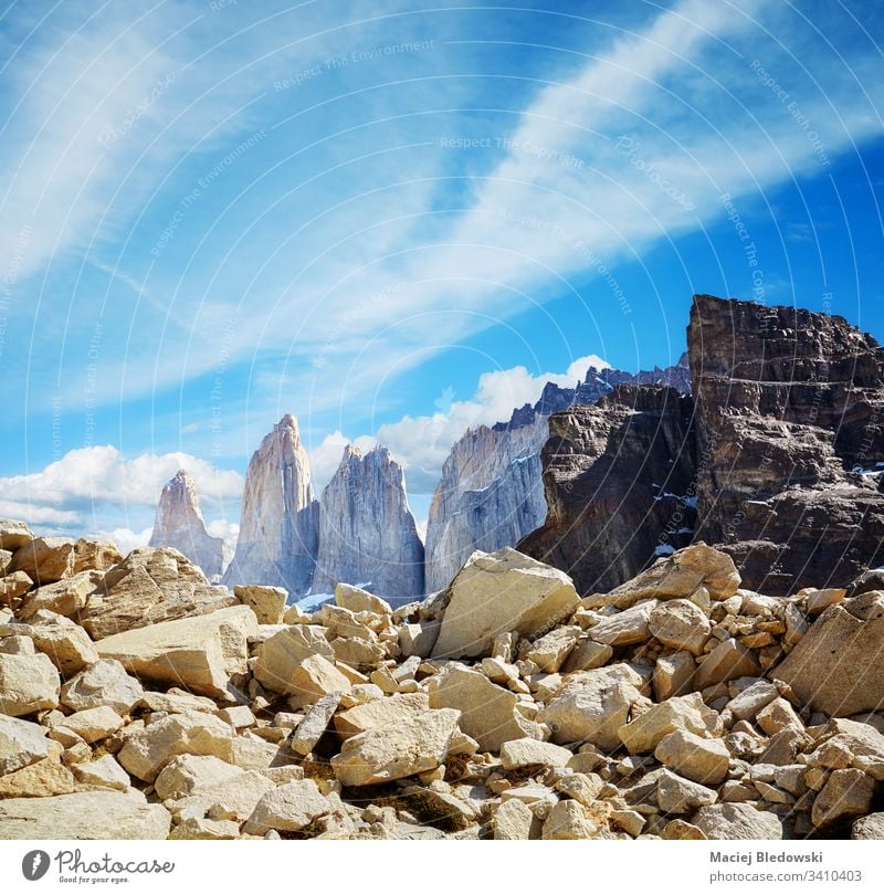 Towers of Paine in Torres del Paine National Park, Chile. Patagonia rock cliff sky Andes park nature landscape South America beautiful mountain national peak