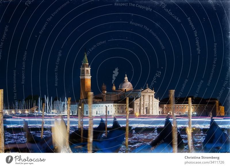Nightly view of San Giorgio Maggiore Long exposure Lagoon Nocturnal color Water Night shot Gondola (Boat) Moody Culture Maritime Church Campanile Italy Town