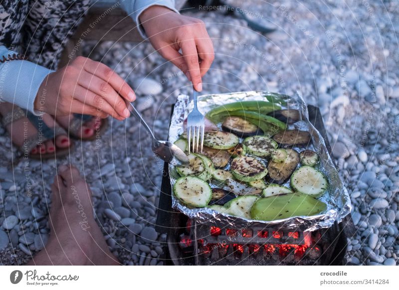 Vegetables on a small coal grill BBQ Barbecue (apparatus) Vegan diet Vegetarian diet Zucchini Pepper Aubergine Coal Glow Embers Cooking out Beach Vacation mood