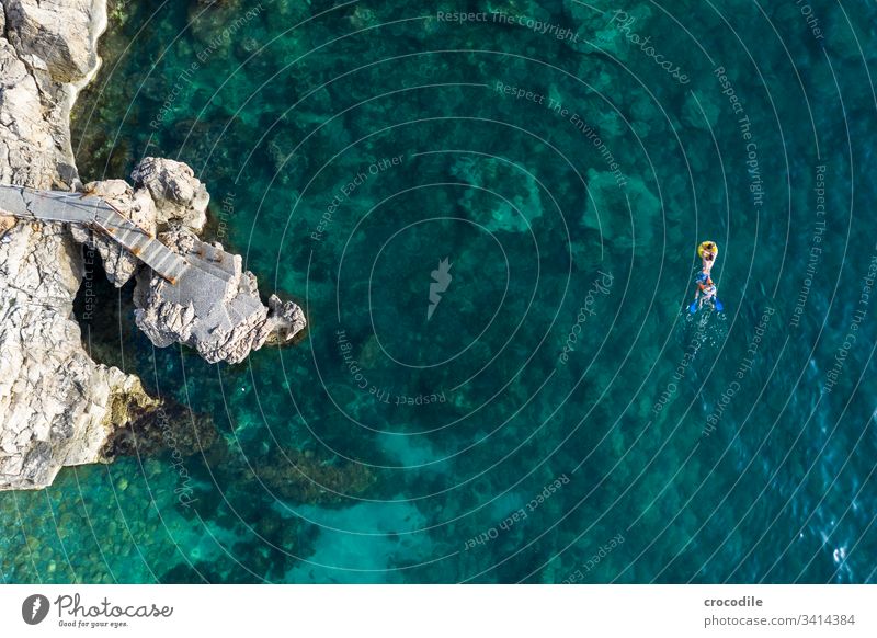 UAV recording Montenegro by the sea Swimming & Bathing Air mattress Floating tyres Coast Ocean UAV view clear water Rock Vacation mood Azure blue Blue