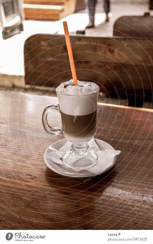 Cafe latte in a glass on a wooden table Glass Food photograph Cup Hot Chocolate Hot drink Beverage Vegetarian diet coffee cappuccino moccachino espresso
