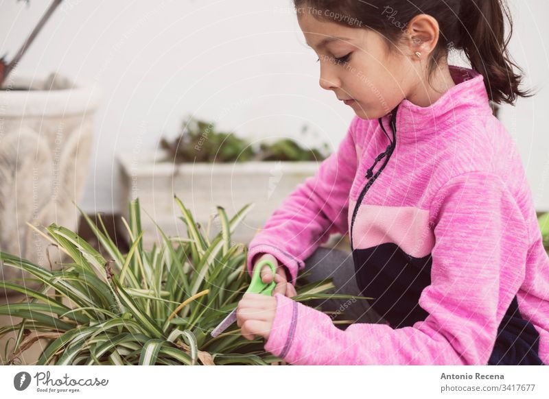 girl pruning the pots in her home garden 6-7 years infant alone one person gardeners gardening plants patio spring family real people candid children learning