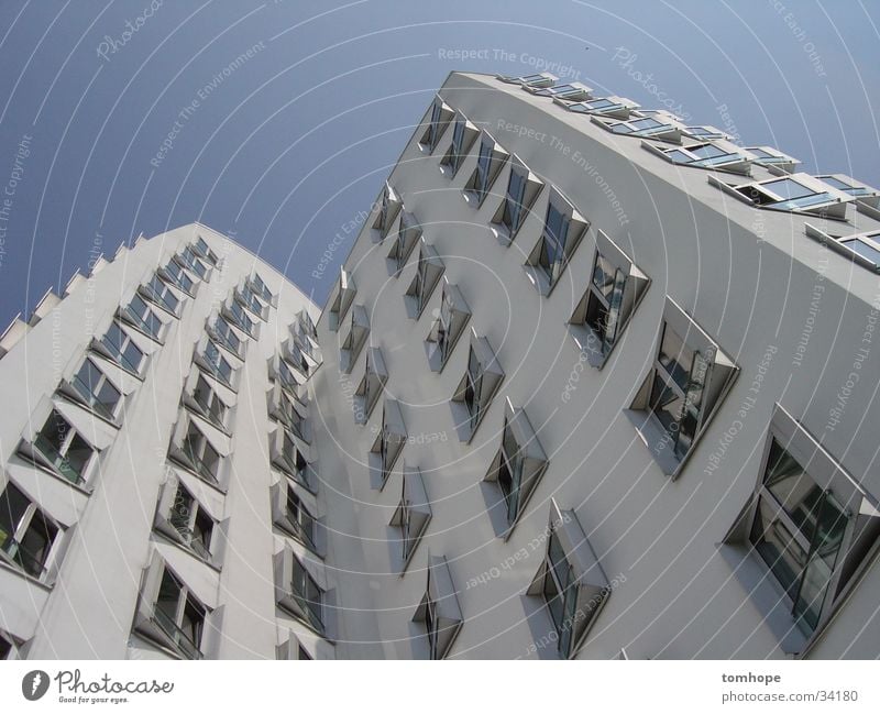 look up 02 House (Residential Structure) Building White Window Worm's-eye view Architecture Sky Blue Harbour media harbour Duesseldorf Gehry buildings Modern