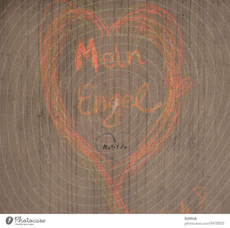 Dirty background with children's drawing Heart and text My angel in red chalk Drawing Text Angel Red frowzy Love puperty Infancy Children's drawing Matilda