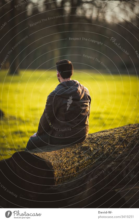 Man sits alone on a tree trunk and enjoys the silence by oneself Human being Tree trunk Nature tranquillity gap on one's own out Individual loner 1 person