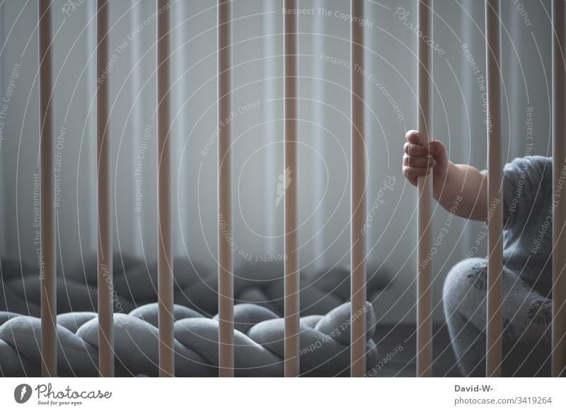 Baby behind bars in a cot Child Hand Small Boy (child) Toddler Sleep Alert Grating penned Cute To hold on Sweet by oneself Lonely Anonymous Grasp upbringing