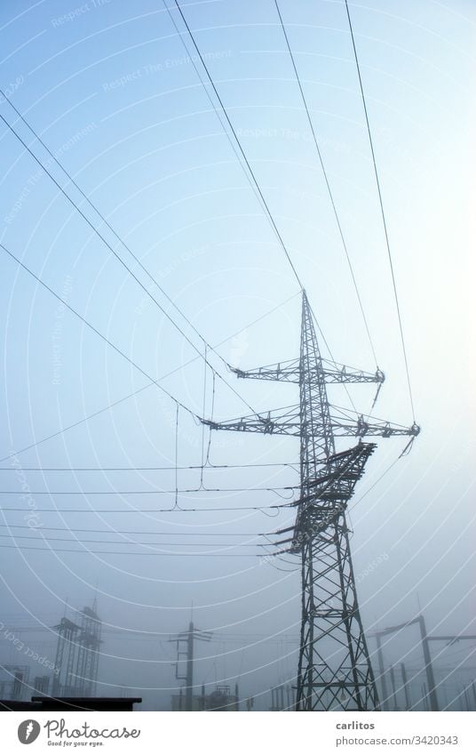 Large mast with lots of wire Pole Electricity pylon Cable Transmission lines Tension high voltage Energy energy revolution alternative energy Energy industry