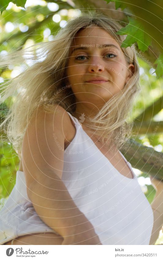 Young blonde woman sits in a tree in summer, surrounded by leaves and looks happily down into the garden. Woman portrait Young woman Hair and hairstyles