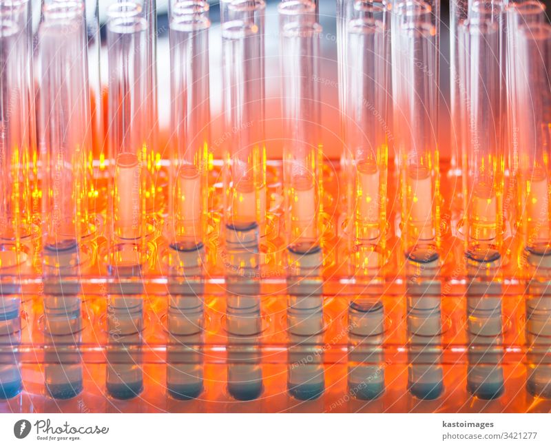 Glass test tubes containing blue liquid on warm orange background. medical experiment glassware chemistry chemical biotechnology biology analysis pharmacology