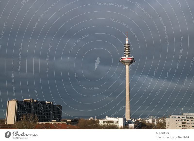 Sound | hessian Donnerwedder Storm clouds Television tower Frankfurt Sky Clouds Town Exterior shot Skyline Light Colour photo High-rise Deserted City Morning