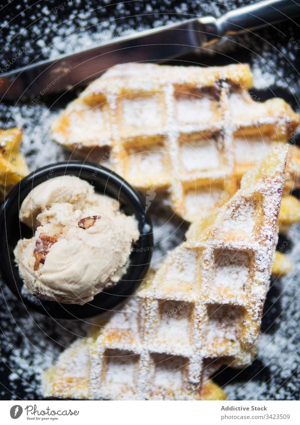 Ice cream and waffles on plate ice cream cafe sweet dessert bowl delicious food fresh tasty gourmet soft yummy nutrition meal snack pastry dish ingredient sugar