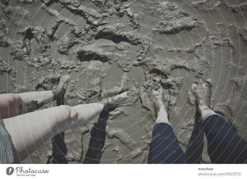 legs and feet in the mud slush Mud filth sour Slick Mud flats Ocean North Sea Low tide Beach Coast Water Sand Vacation & Travel Tide Relaxation High tide