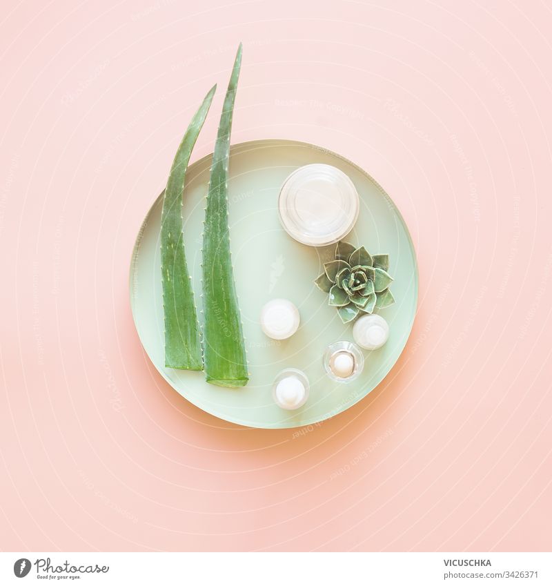 Modern moisturizing cosmetic products with fresh aloe vera leaves on light green tray on pastel pink background. Top view. Modern facial skin care. Beauty concept. Layout