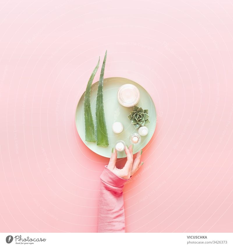Female women hand holding modern moisturizing skin care cosmetic products on tray with fresh aloe vera leaves on pastel pink background. Top view. Natural cosmetics. Modern beauty concept. Flat lay