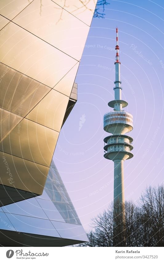 Olympic Tower and BMW World in Munich Television tower Exterior shot Architecture Landmark Town Deserted Sky Day Tourist Attraction Manmade structures Tall
