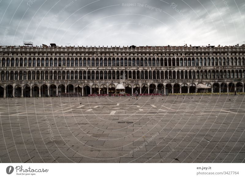 Corona thougths | Empty St Mark's Square in Venice Europe public square Crisis Bad weather Clouds Building void output lock corona crisis Tourism voyage Arcade