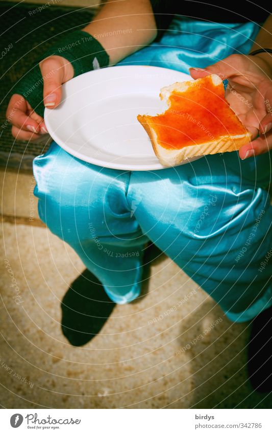 at breakfast Jam Toast Breakfast Plate Style Feminine Young woman Youth (Young adults) Hand Legs 1 Human being Eating Esthetic Fresh Delicious Positive Orange