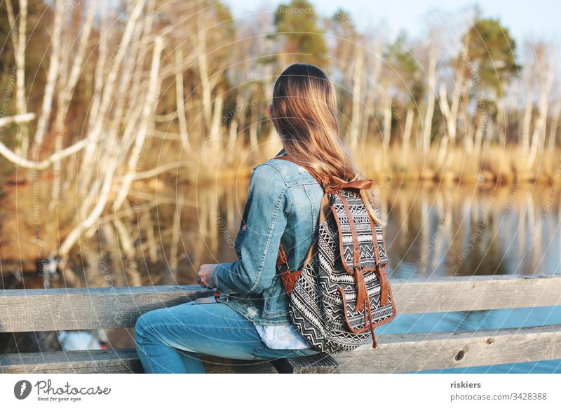 forest child portrait Girl Hiking Forest Sit relax Observe Nature Lake Spring long hairs Free