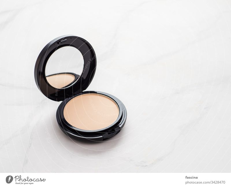 Compact powder on white marble, copy room compact powder Copy Space Luxury Powder elegance make-up Elegant Marble White luxurious Cosmetics Foundations