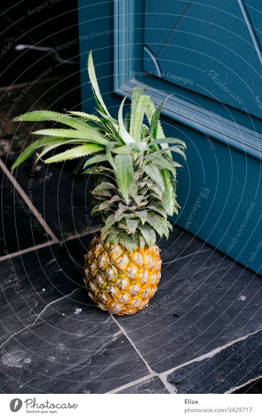 A whole pineapple standing on the floor in front of a door Pineapple Fruit Door entirely salubriously Delicious Exotic Blue Gift bring Green Yellow