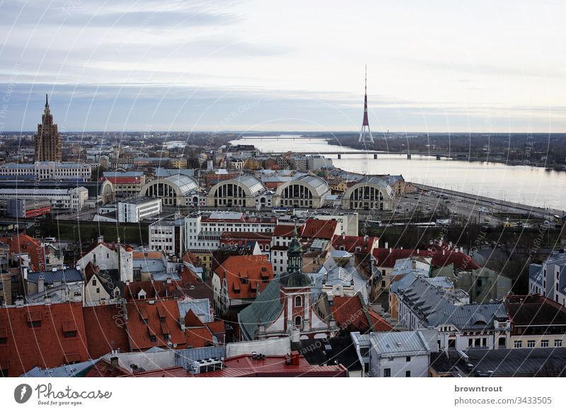 View of Riga with market halls, Latvia Old town River Covered market Tower Vantage point roofs