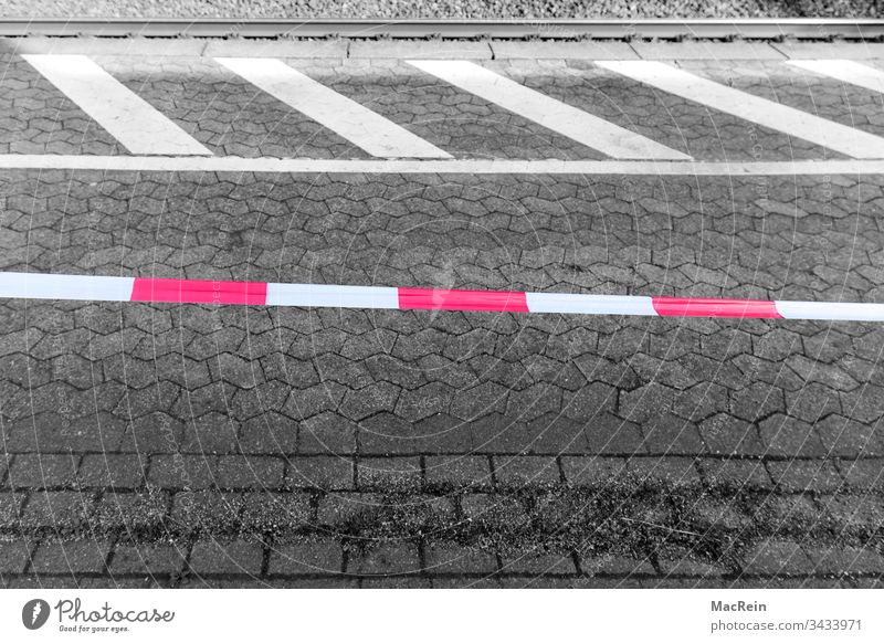 Barrier banding at the platform Stop (public transport) Train station Platform barrier tape flutterband Railroad tracks Construction site Red White nobody