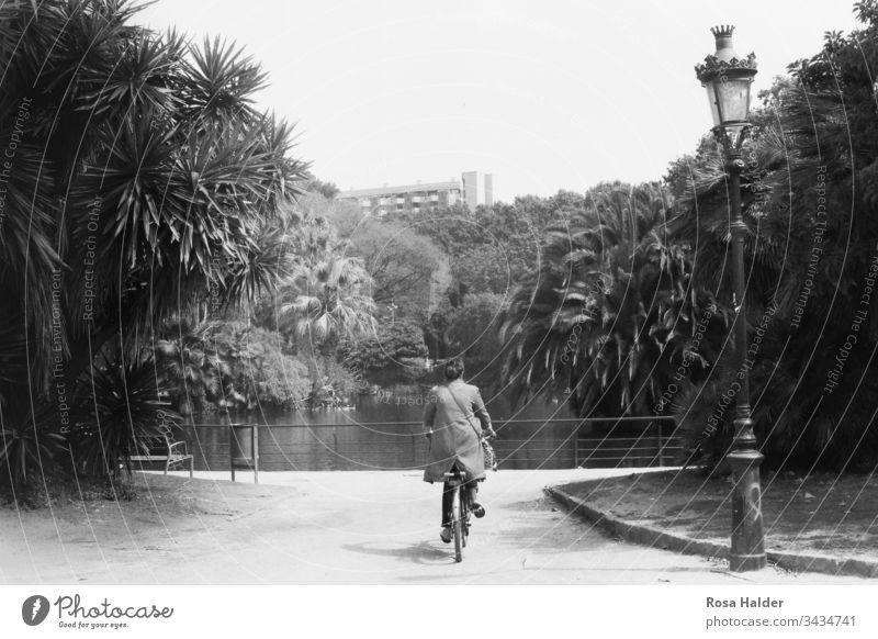 Woman on a bike bicycle palms Pond Barcelona Lantern Park Analog nostalgically Copy Space top