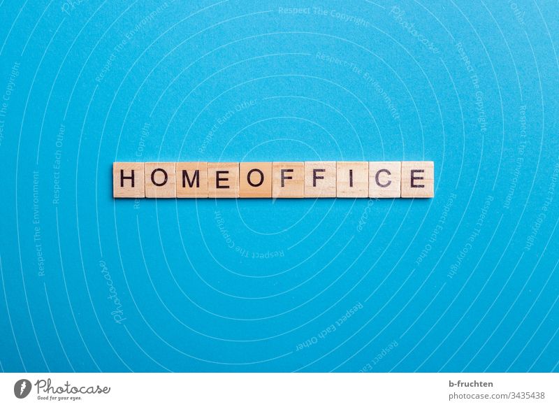 Scrabble letters with the word "HOMEOFFICE home office Letters (alphabet) Blue background Studio shot Word Characters Typography Wood Homework labour at home