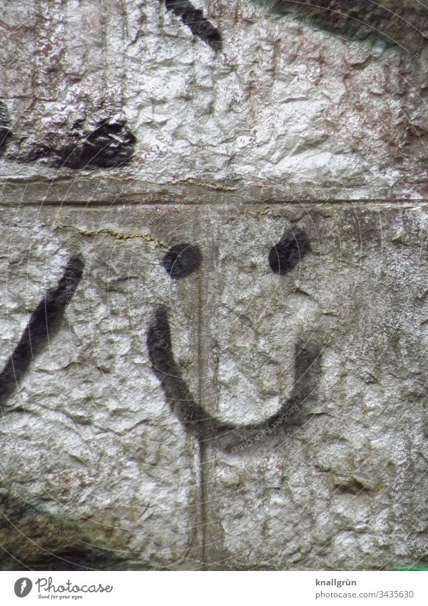 Graffiti smiling face on a silver sprayed wall Smiley Art Street art Smiling Friendliness Wall (building) Wall (barrier) Sign Happiness Exterior shot