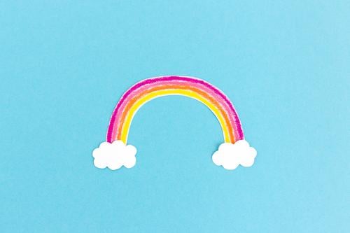Colourful rainbow painted from paper with white clouds on light blue background Rainbow Child Creativity Painting (action, artwork) Handicraft Image Painted