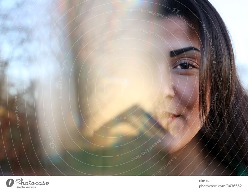 Estila Woman portait Dark-haired Looking Direct Long-haired Experimental Glass fragment reflection Prism Sky Smiling Mysterious