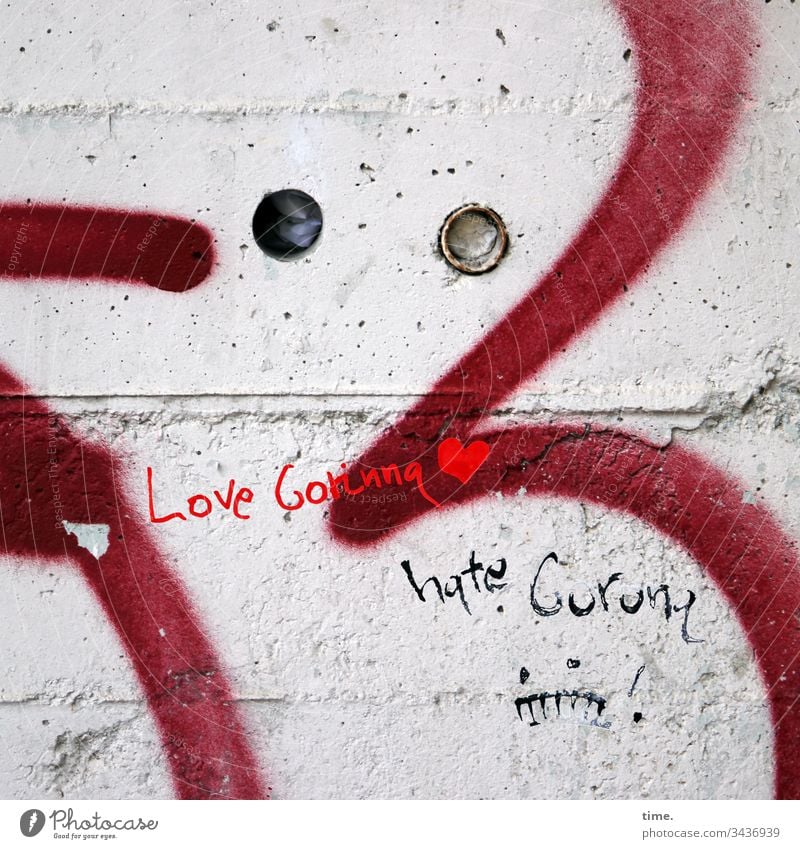 Corinna instead of corona | corona thoughts graffiti Wall (barrier) Wall (building) Concrete Rawplug Hollow Colour Name Love Hatred antagonism Wordplay Heart