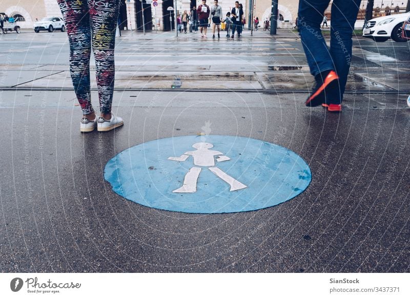 Pedestrian crossing the street, Vienna, Austria lane Street Walking Feet people Bicycle Sign off To go for a walk Asphalt Cycle Line Colour symbol City travel