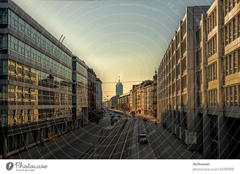 Munich, urban romance, sunset, film set Sunset Town Architecture geometric Exterior shot Facade Window Abstract Modern Block Building City Design