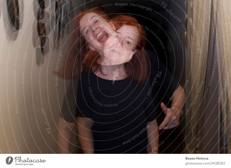 surreal | double head game Woman double-headed Multiple Personality Mood swing portrait Distorted Identity Double exposure cry Laughter Fragile reality Moody
