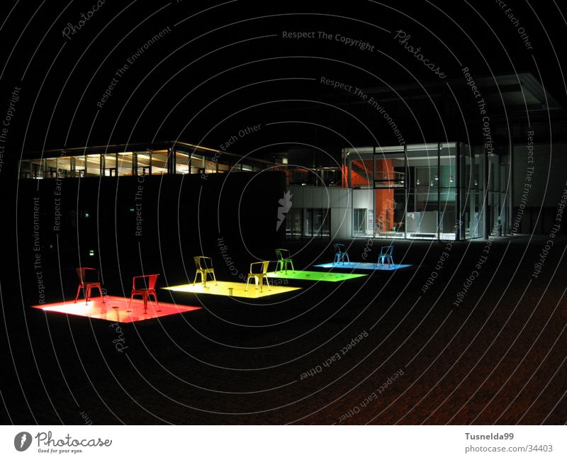 FH Pforzheim at night 2. Night Building Library Red Yellow Green Architecture Chair Blue fh