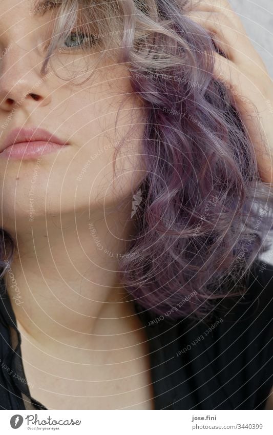 Violet-haired young woman Esthetic Face portrait pretty Think Meditative Thought Uniqueness Identity Hide Observe Timidity Girl Curl Beautiful Dream Exceptional
