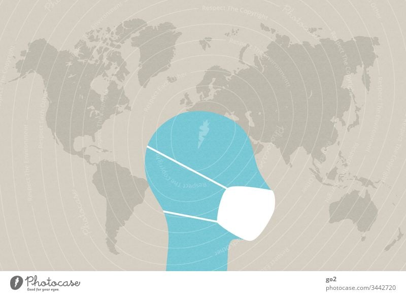 Head with face mask in front of world map Sneezing Contagious risk of contagion Virus Illness hygiene Infection Health care medicine coronavirus Hospital