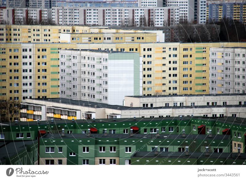 a beautiful live in box Panorama (View) Complex Many Gloomy Hideous Large Sharp-edged Prefab construction Facade Authentic Moody Tower block Outskirts
