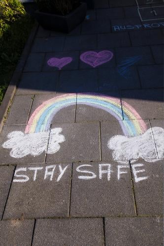 Appeal to reason: rainbow painted with chalk and hearts "Stay Safe Rainbow Happy Roll call painting Healthy Virus Spread Pandemic - disease Hope Heart Desire