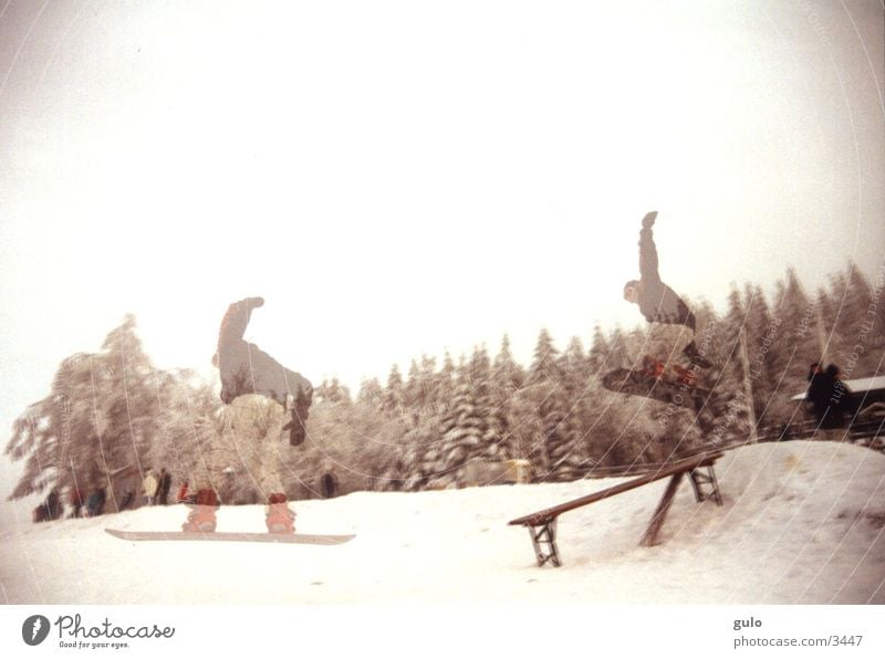 double exposure Snowboard Jump Double exposure Fog Sports Bench Ale bench Landing Posture Downward Brave Talented Winter Snowboarder Snowboarding Transparent