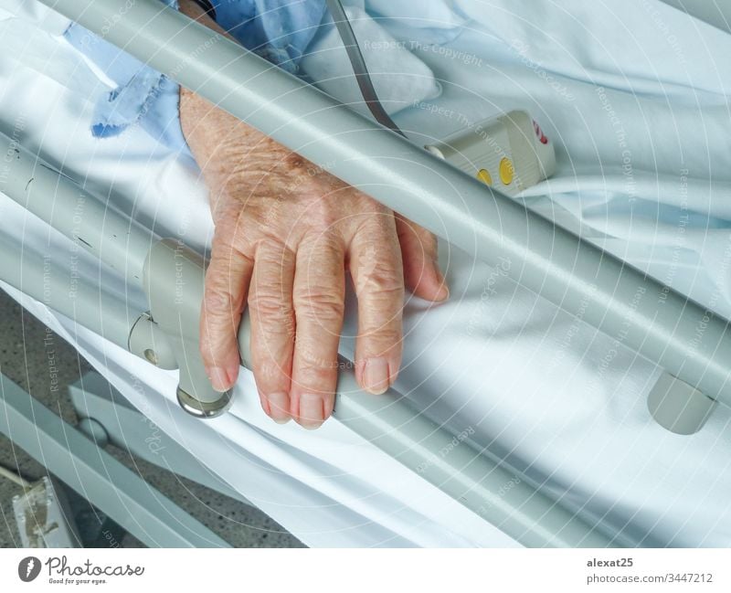 Elderly woman's hand in the hospital adult aged bed care clinic concept cure elderly equipment female grandmother health health care healthy help holding