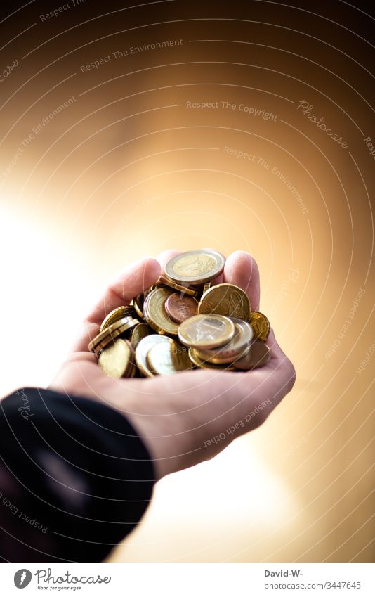 Hand with euro coins Holding money Money Euro Save Luxury Loose change Coin Paying Financial Industry Poverty Poverty threshold Shopping Economy Donation
