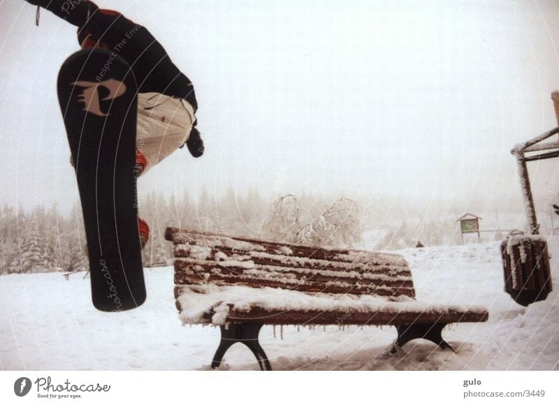 bench Jump Snowboard Fog Sports Bench Park bench Posture Snowboarder Snowboarding Ice Winter Style Freestyle Talented