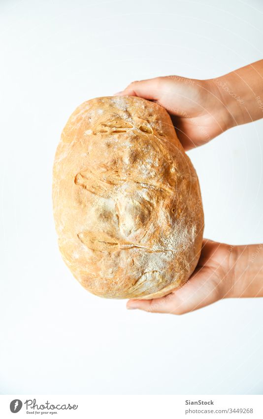 Woman's hands holding freshly homemade baked bread, top view cuisine cooking baking eat female healthy background food brown baker flat lay bakery organic tasty